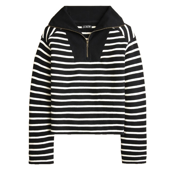 J Crew Womens Heritage Terry Quarter Zip Sweat Shirt Black Stripe Medium Preppy - Picture 1 of 10